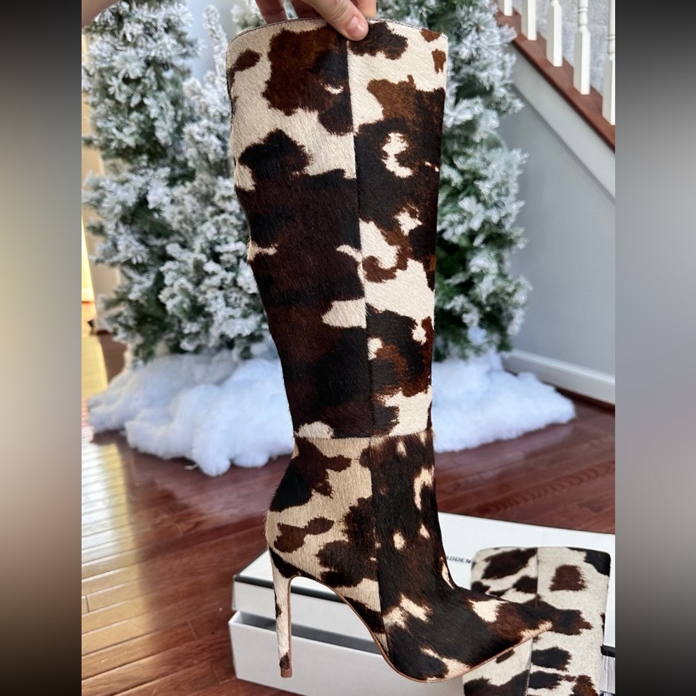Steve Madden Nitro Brown Cow Print Real Fur Knee-High‎ Heeled Boots - Picture 11 of 12